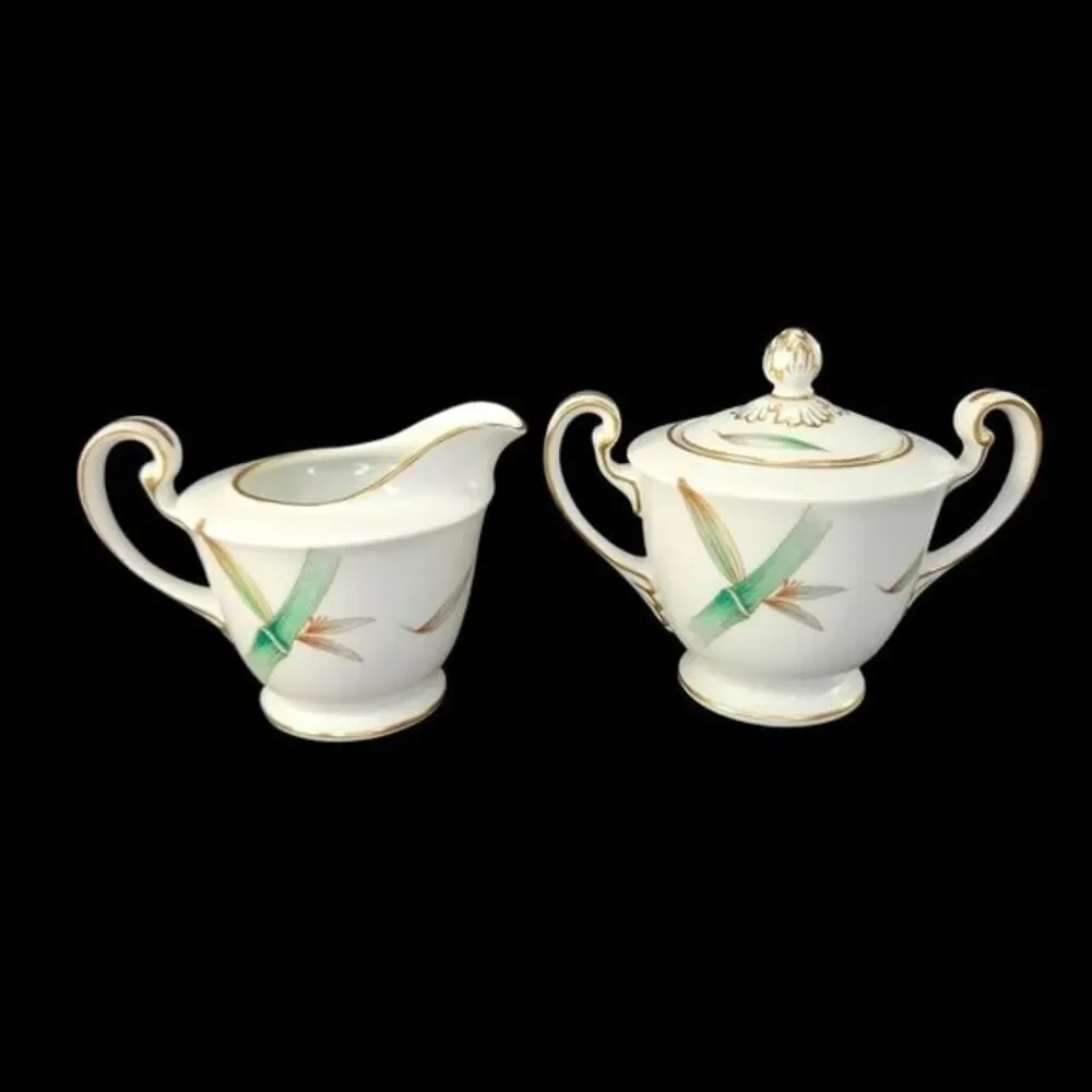 Noritake Canton Creamer Sugar Bowl With Lid Set Gold Trim Bamboo Japan Vtg READ‎